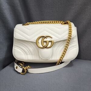 Authentic Gucci GG Marmont Small White Leather Chain Shoulder Bag RFID CLEAN